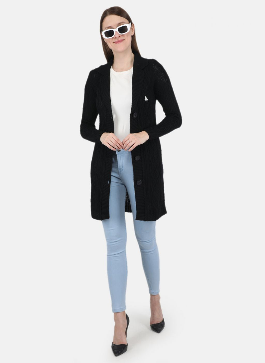 Women Black Self design Cardigan