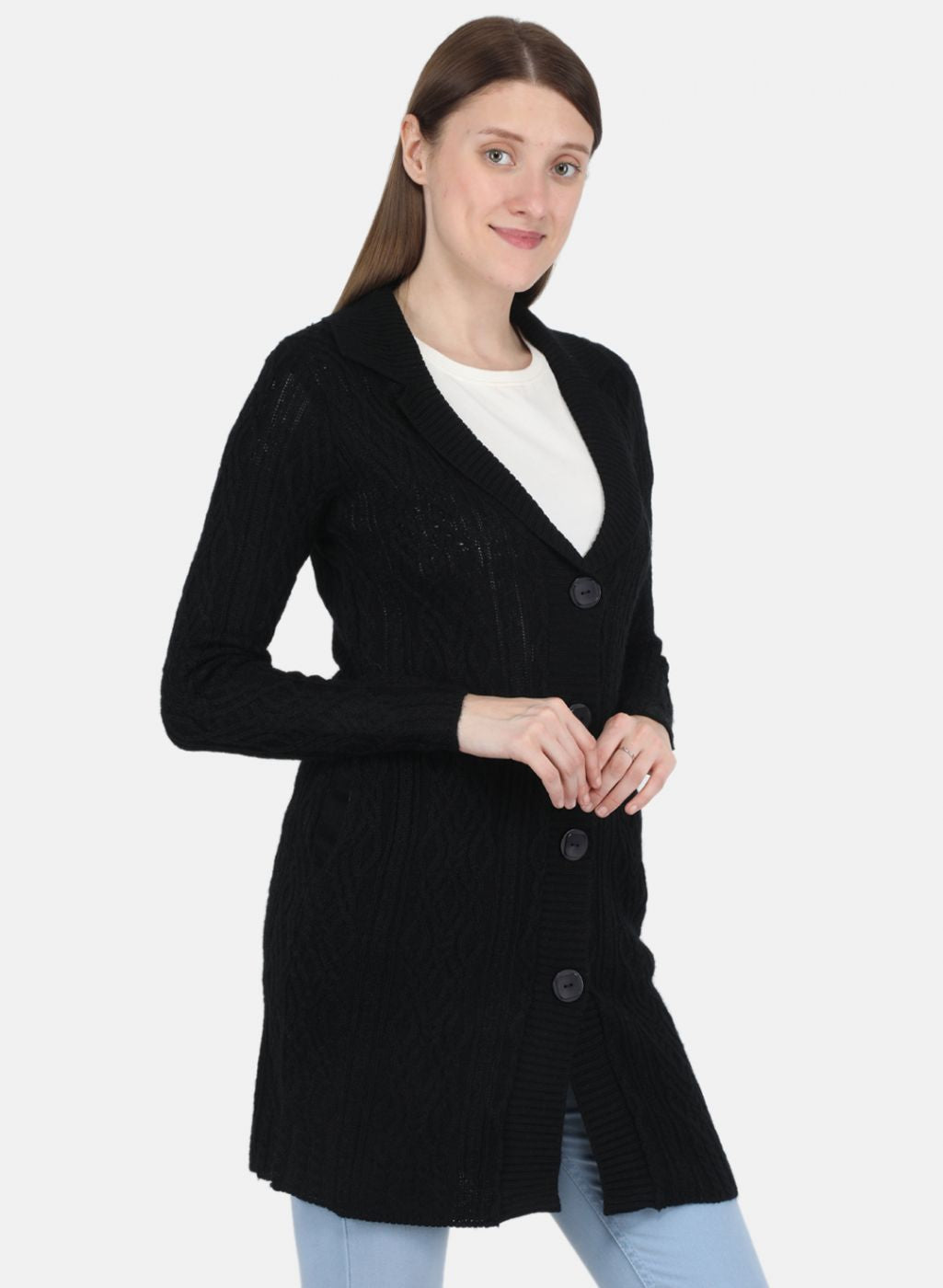 Women Black Self design Cardigan