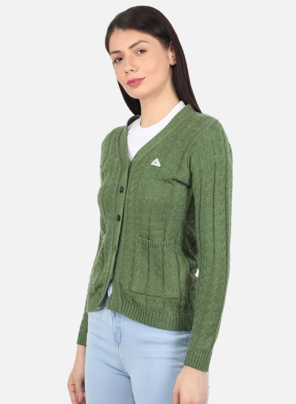 Women Green Self Design Cardigan
