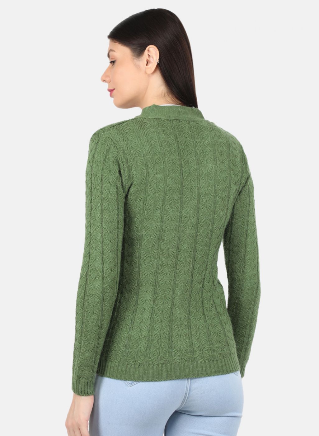 Women Green Self Design Cardigan