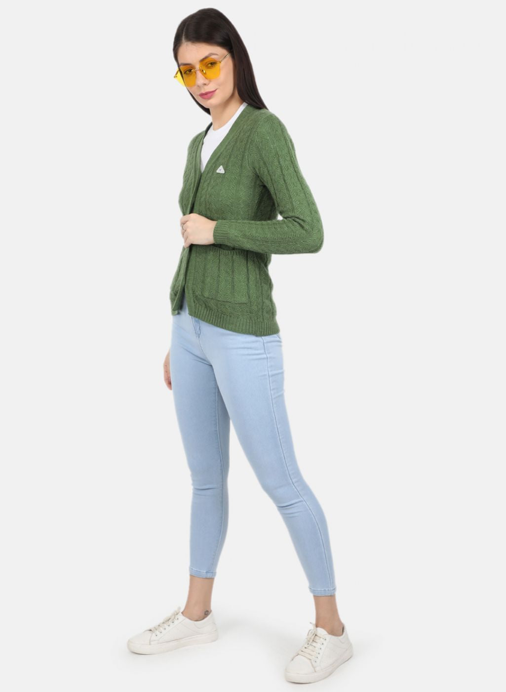 Women Green Self Design Cardigan