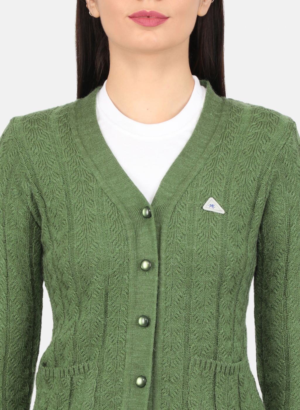 Women Green Self Design Cardigan