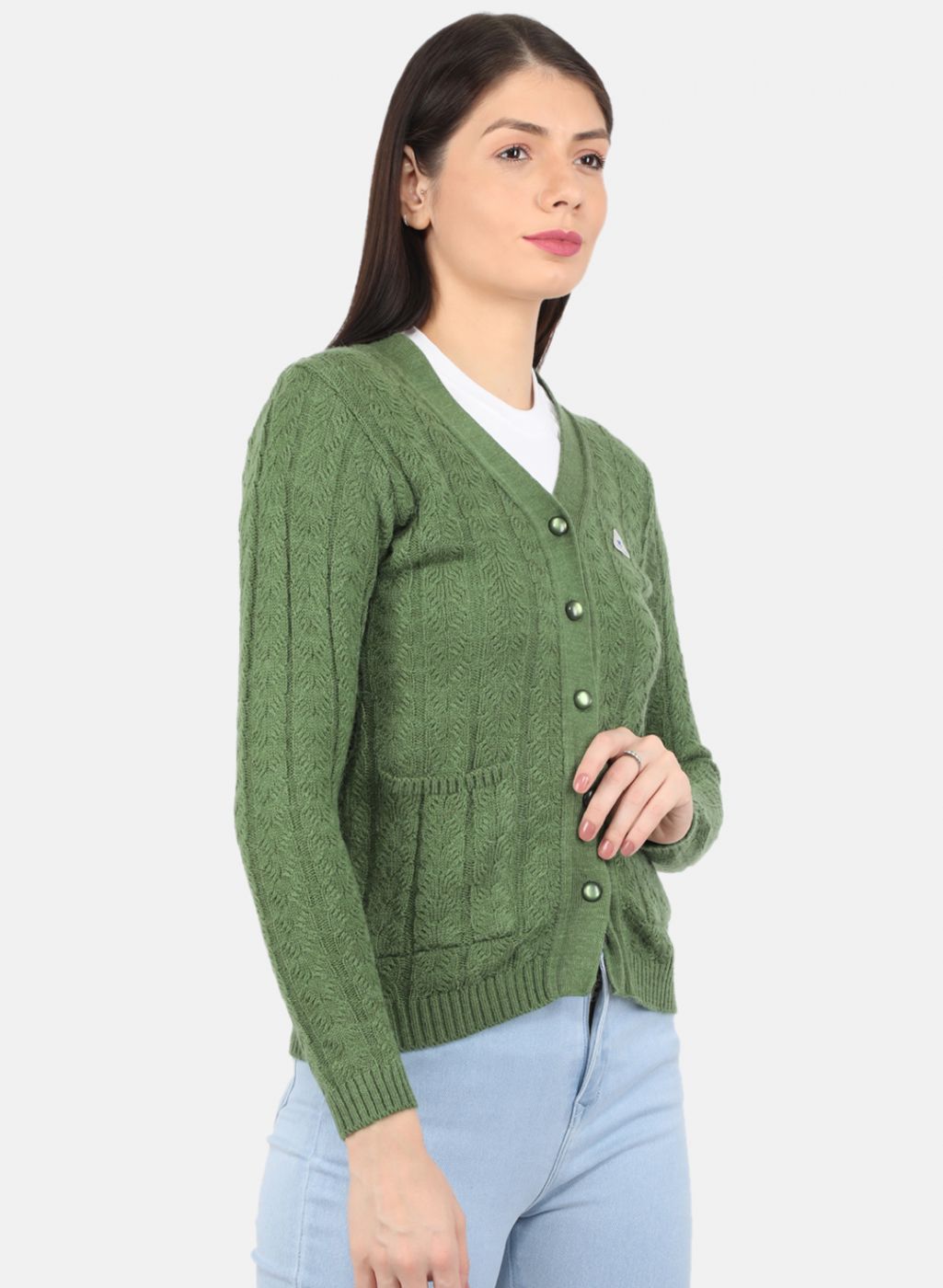 Women Green Self Design Cardigan