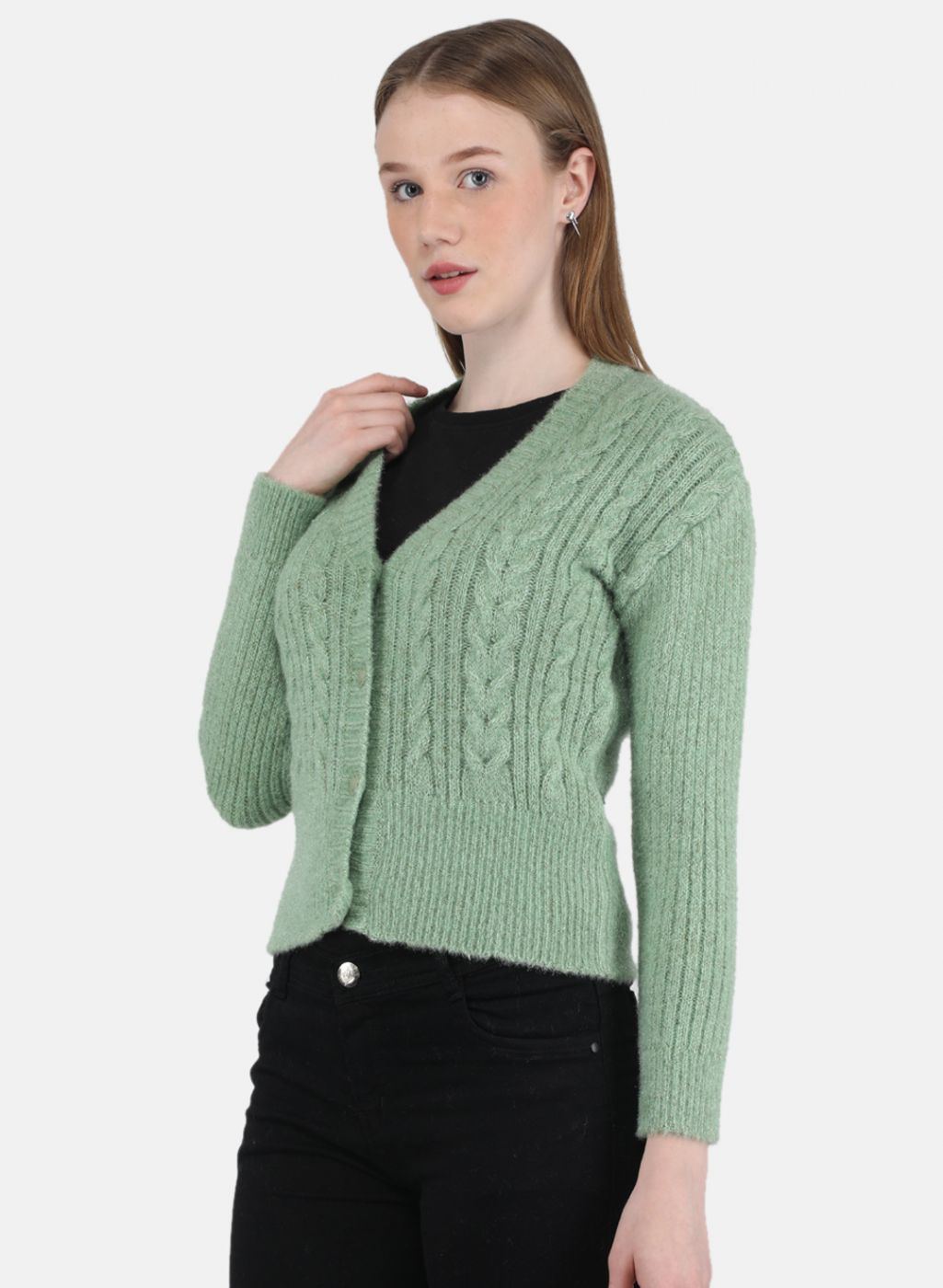 Women Light Green Self Design Cardigan