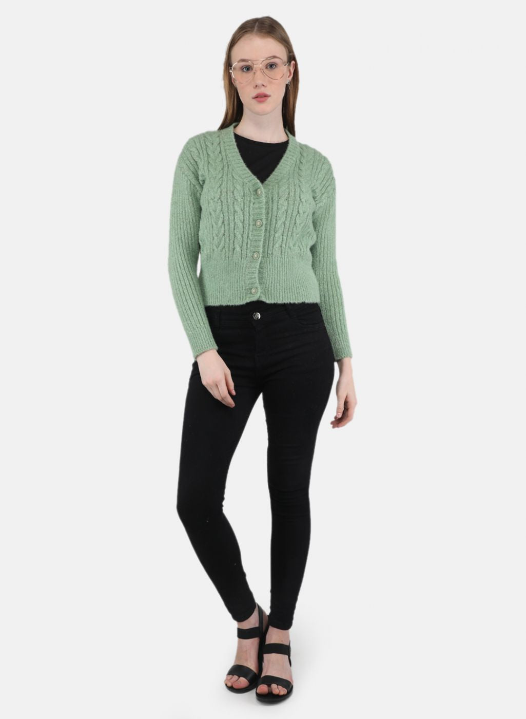 Women Light Green Self Design Cardigan