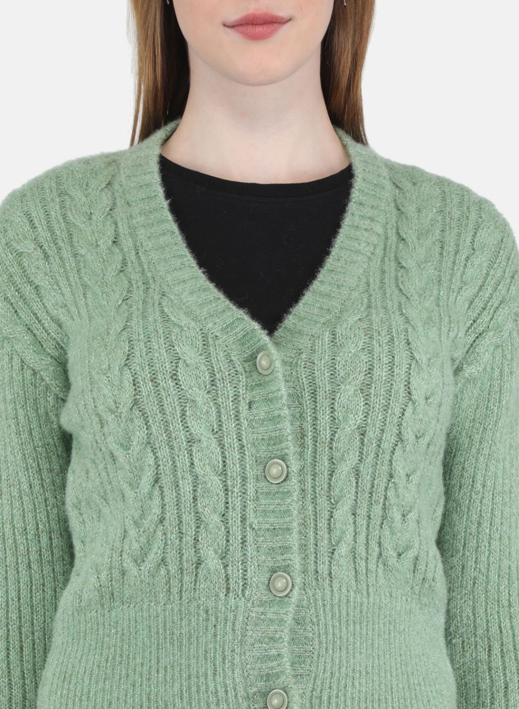 Women Light Green Self Design Cardigan