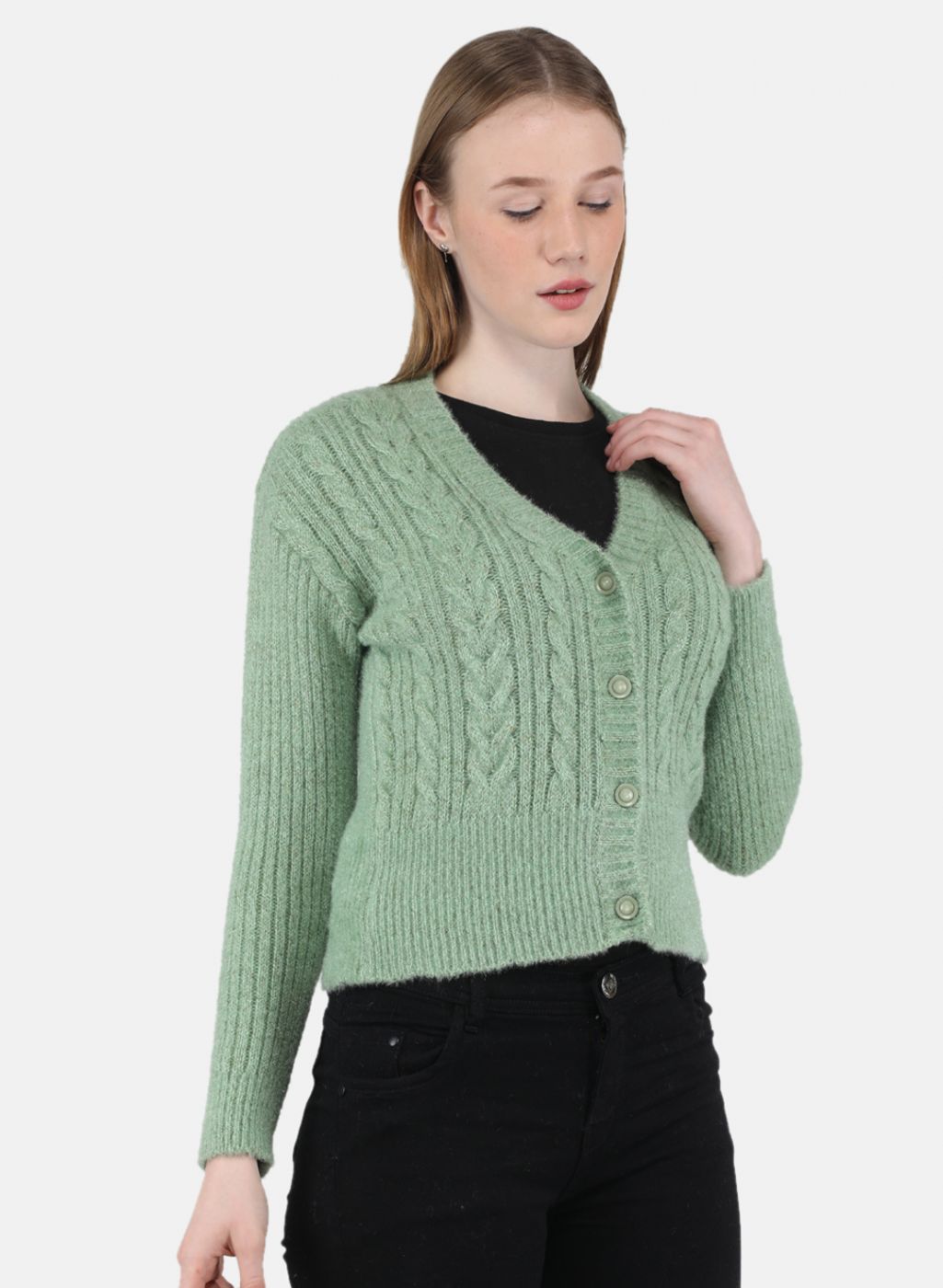 Women Light Green Self Design Cardigan