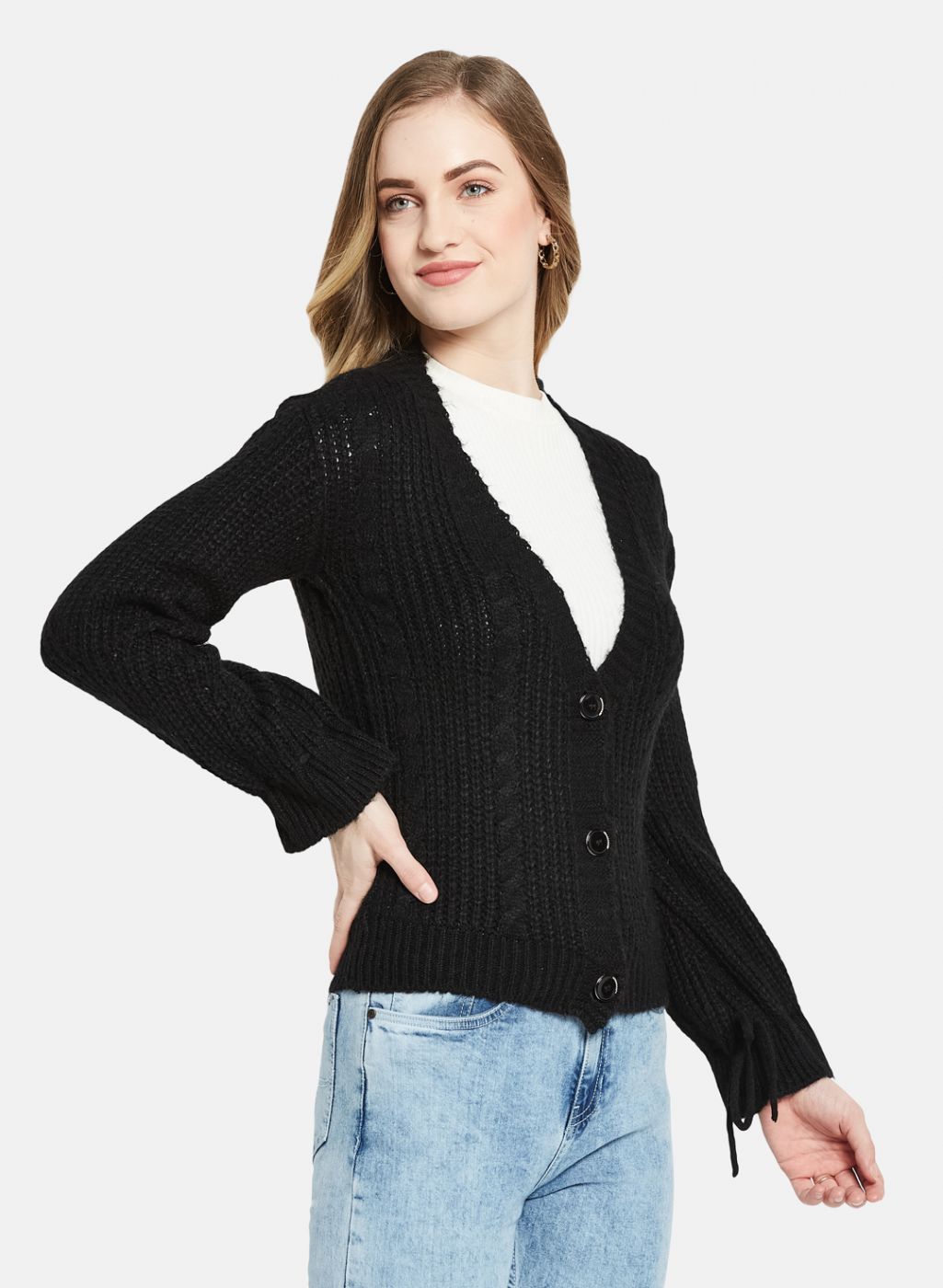 Women Black Self Design Cardigan