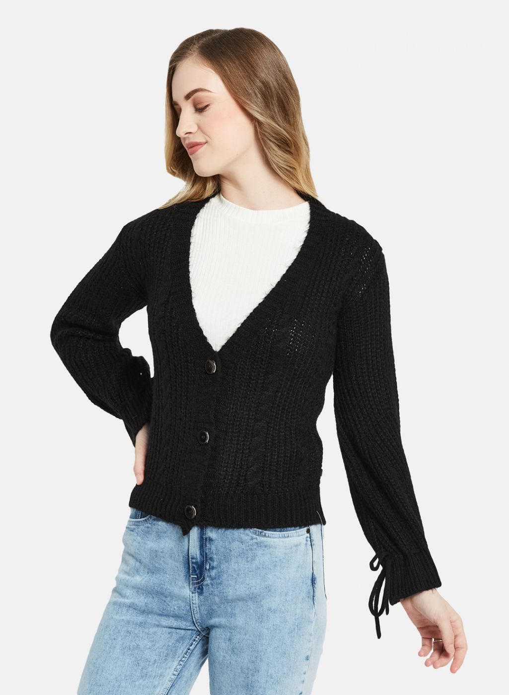 Women Black Self Design Cardigan