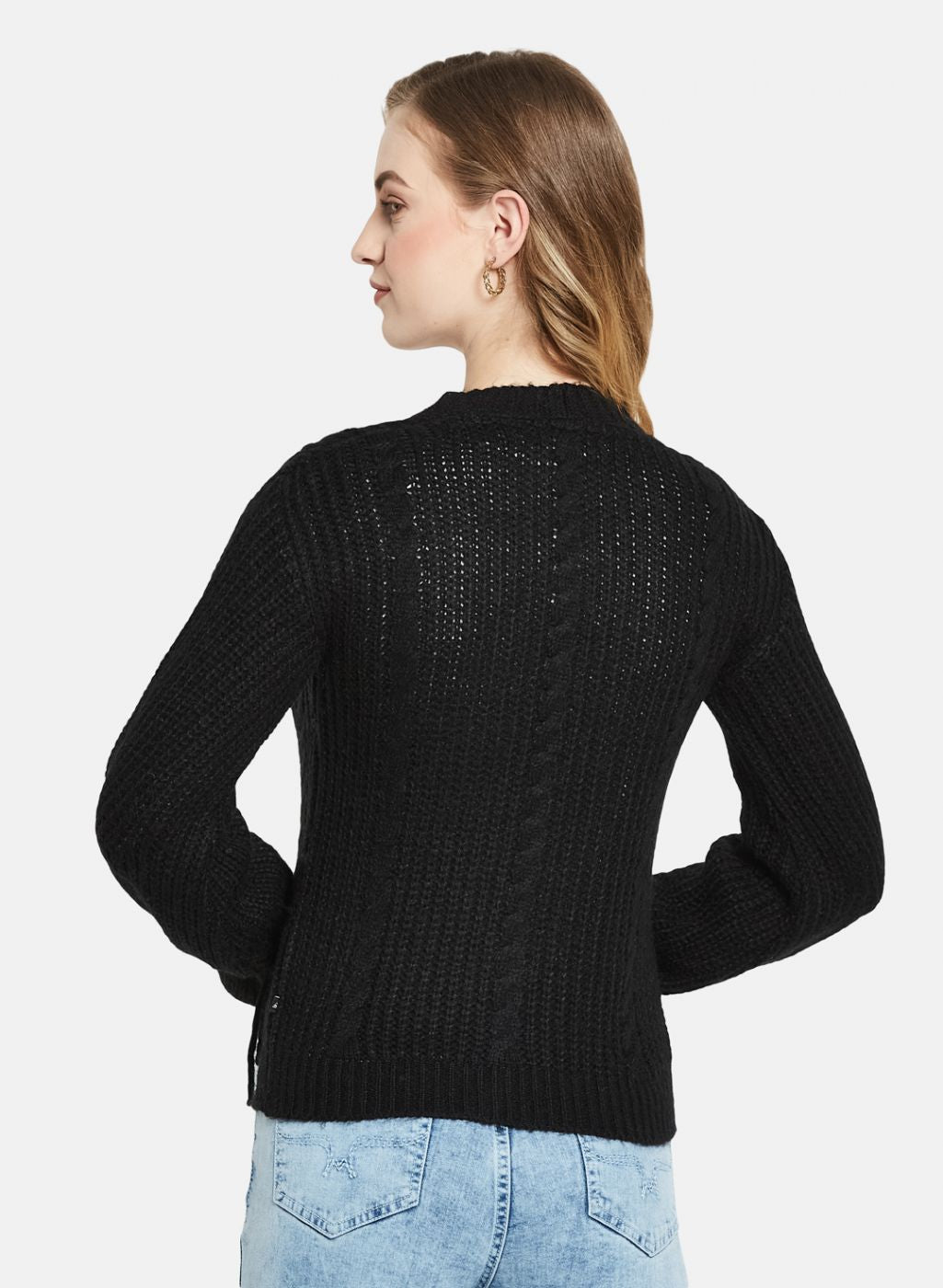 Women Black Self Design Cardigan