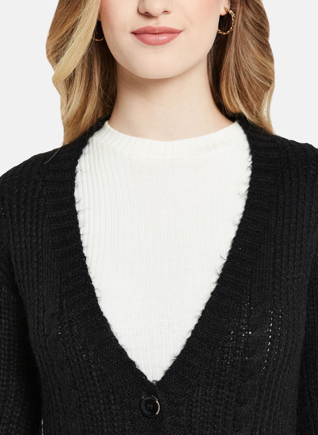 Women Black Self Design Cardigan