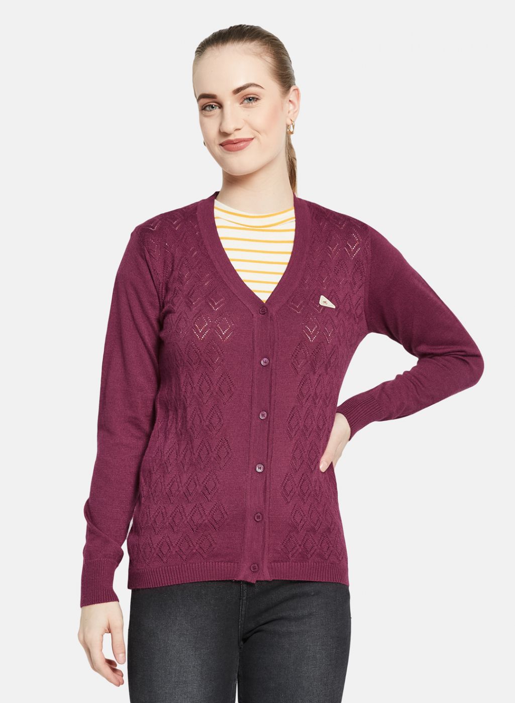 Women Maroon Self Design Cardigan