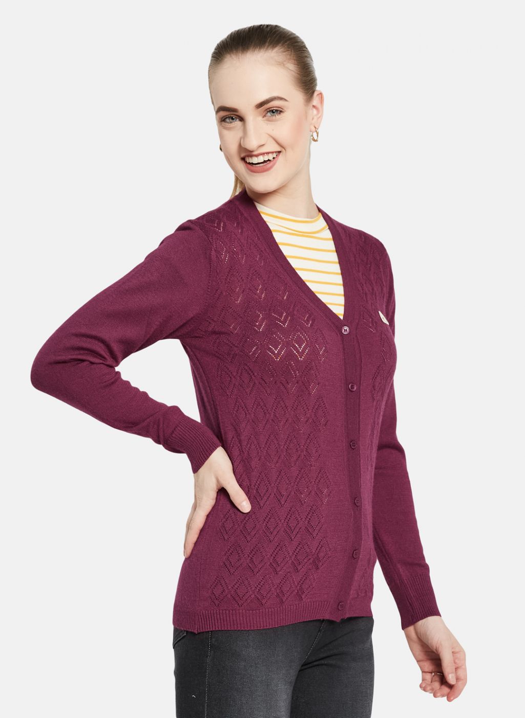 Women Maroon Self Design Cardigan