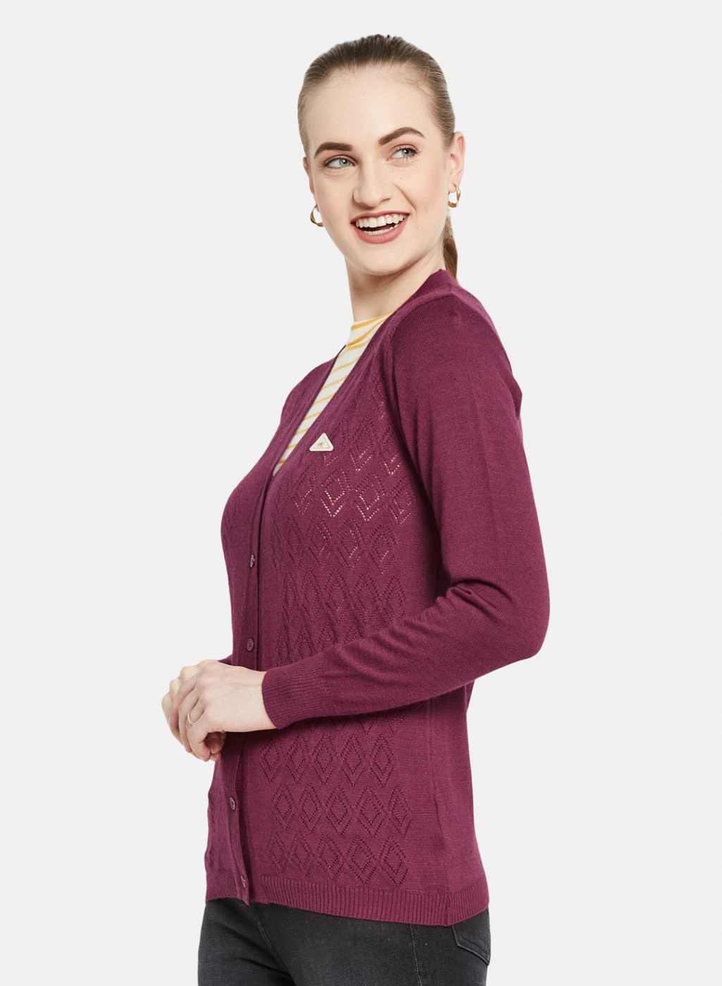 Women Maroon Self Design Cardigan