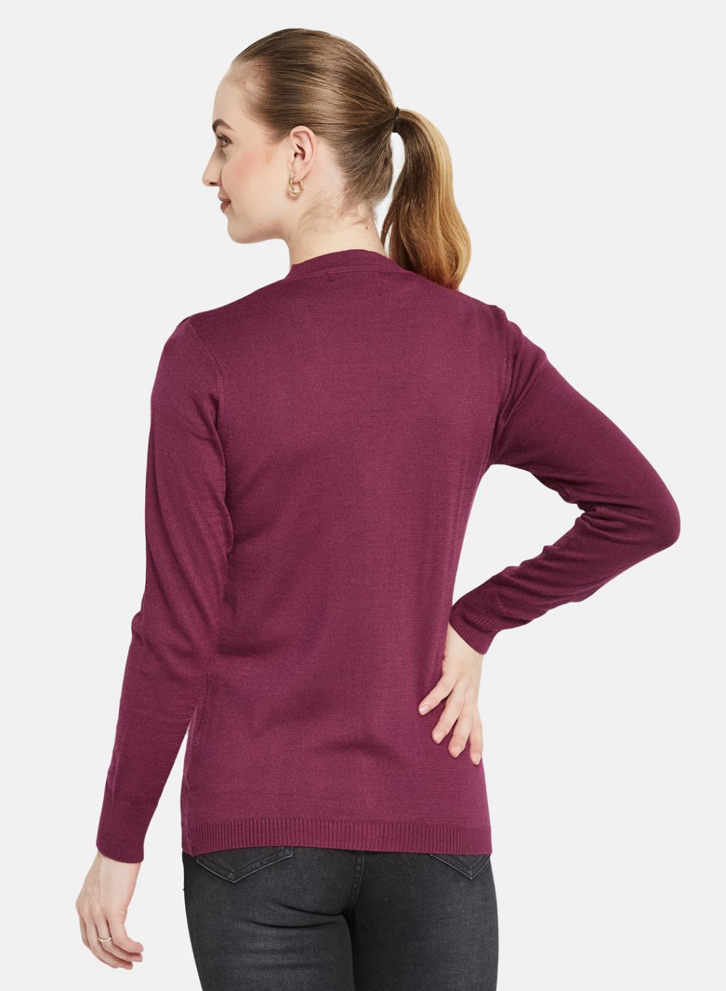 Women Maroon Self Design Cardigan