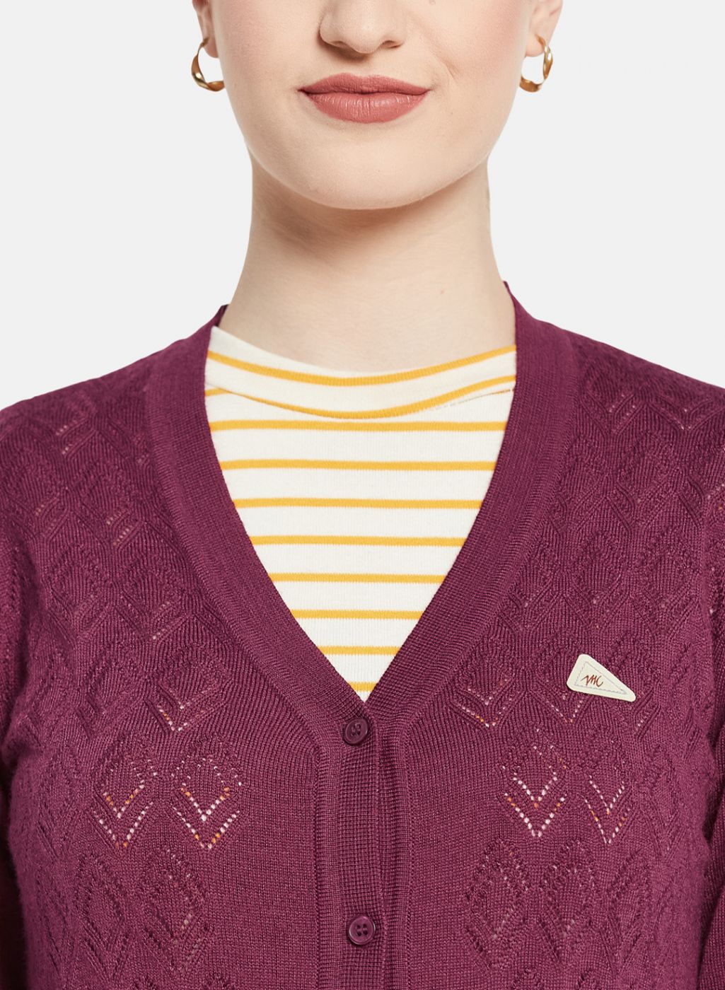 Women Maroon Self Design Cardigan