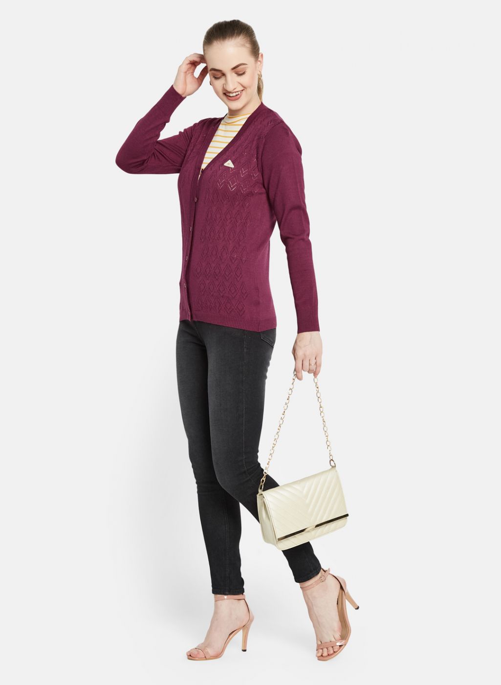 Women Maroon Self Design Cardigan