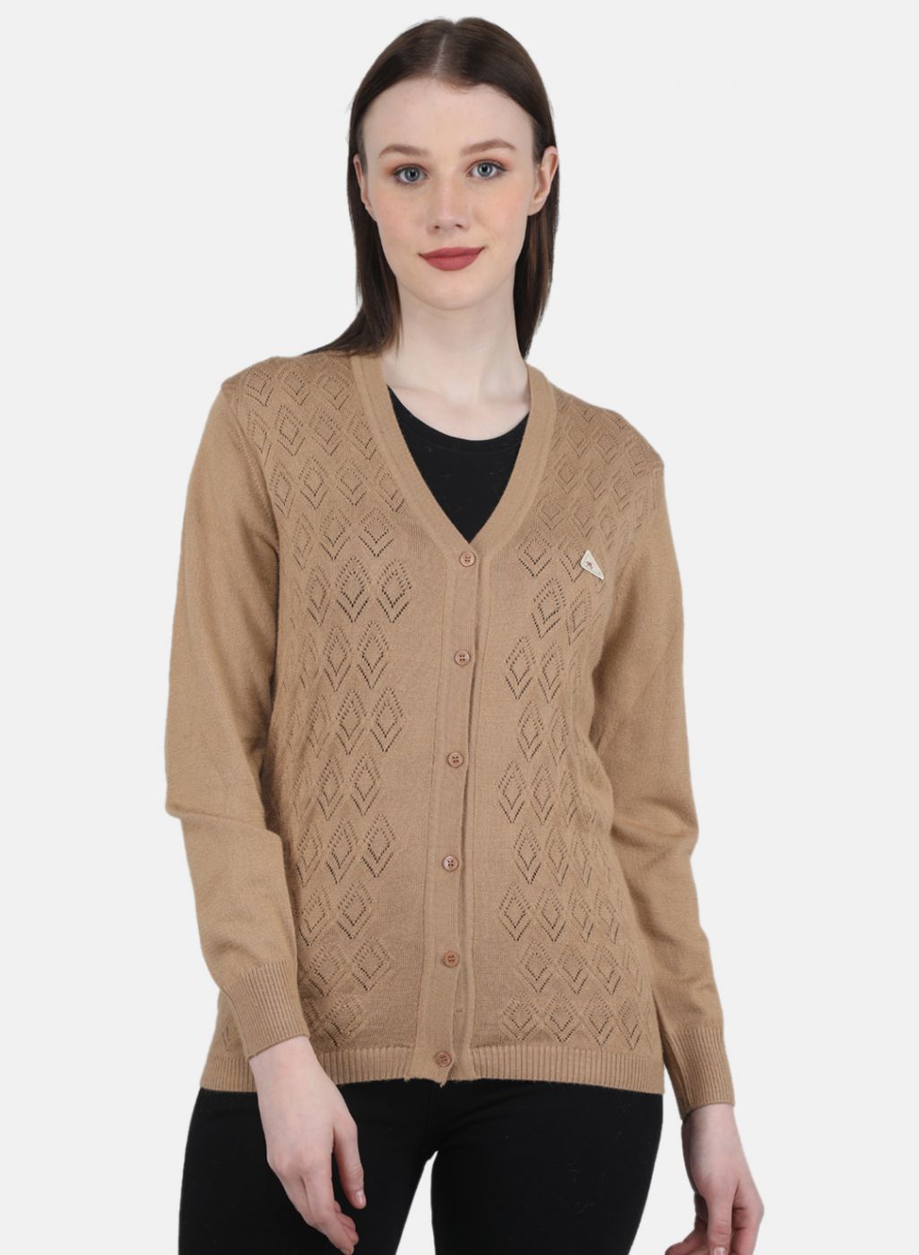 Women Brown Self Design Cardigan