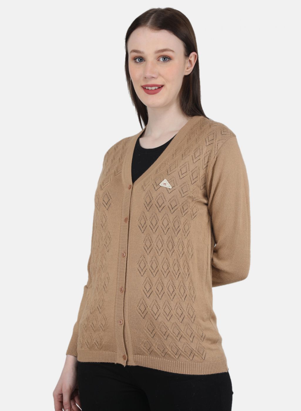 Women Brown Self Design Cardigan