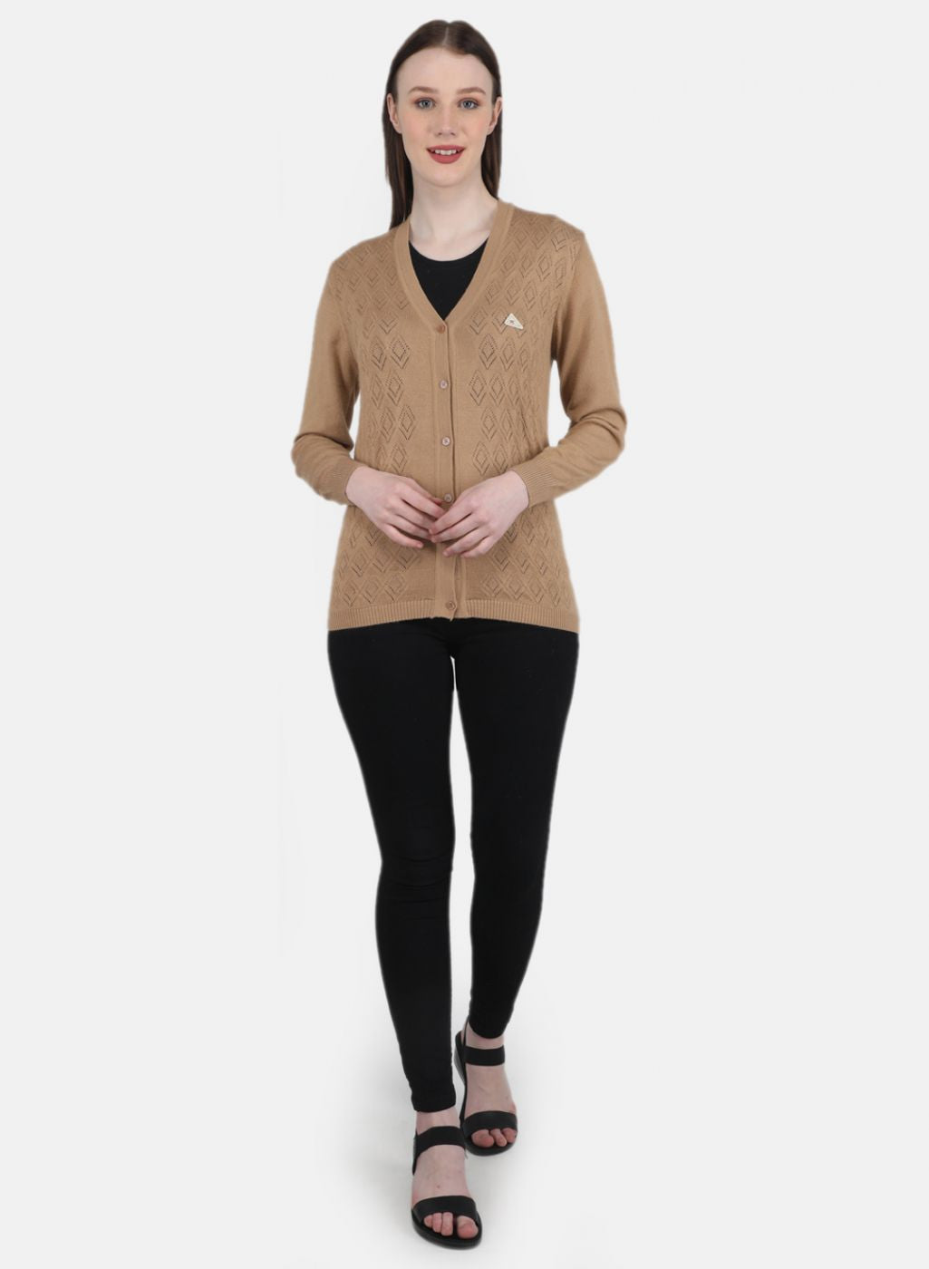Women Brown Self Design Cardigan