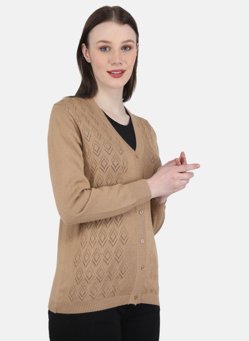 Women Brown Self Design Cardigan