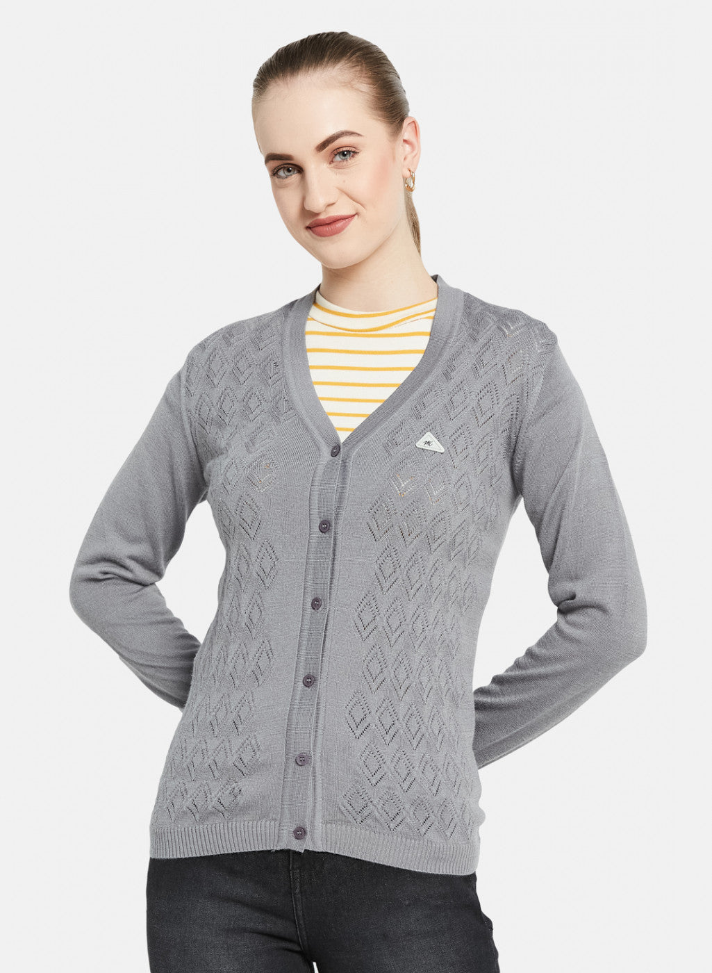 Women Grey Self Design Cardigan