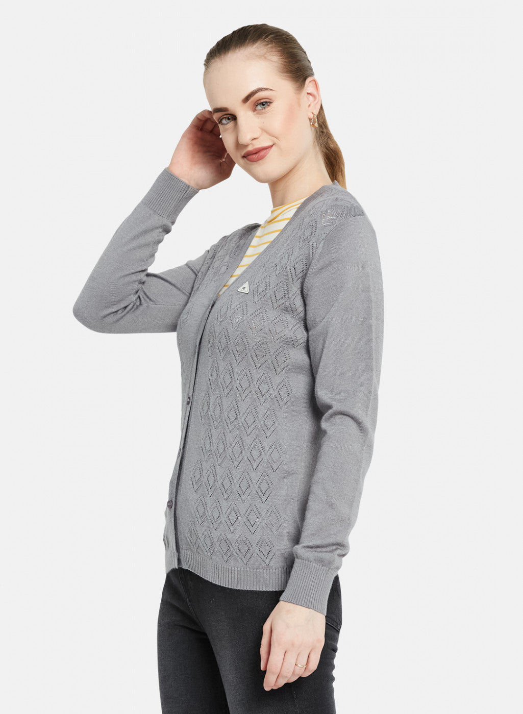 Women Grey Self Design Cardigan