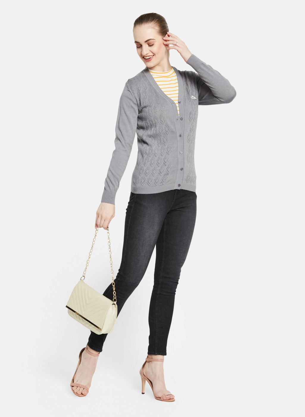 Women Grey Self Design Cardigan