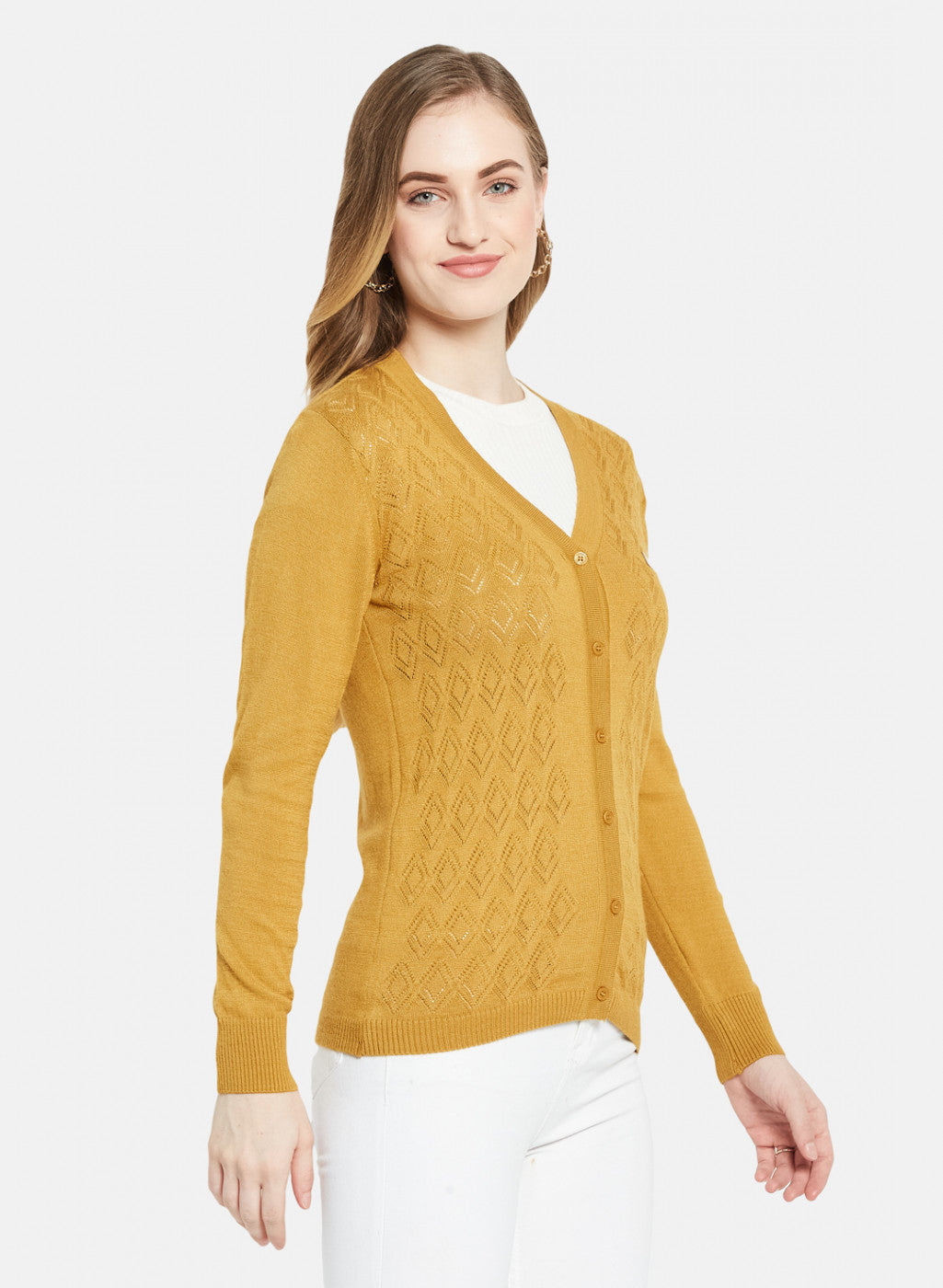 Women Golden Yellow Self Design Cardigan