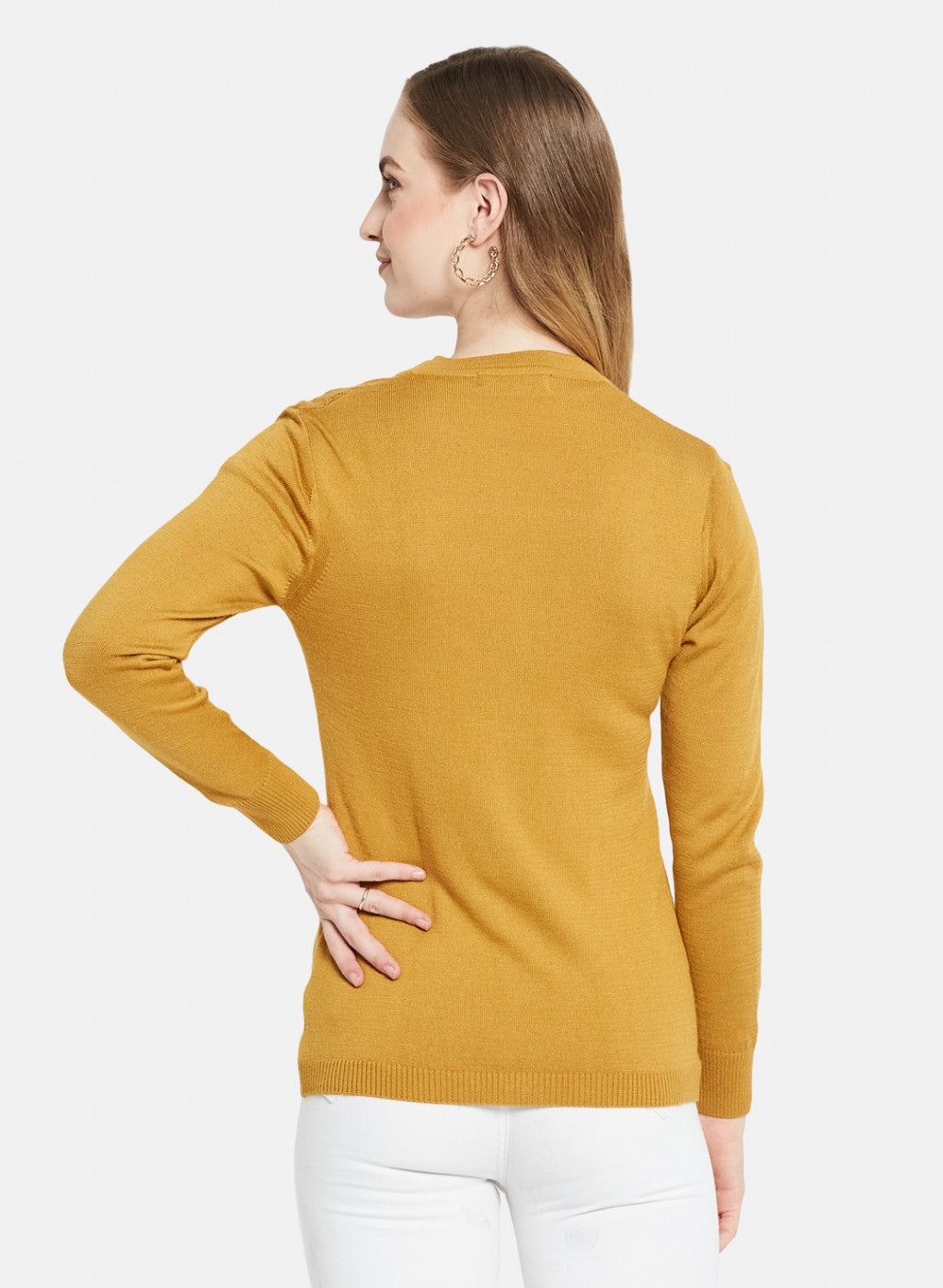 Women Golden Yellow Self Design Cardigan