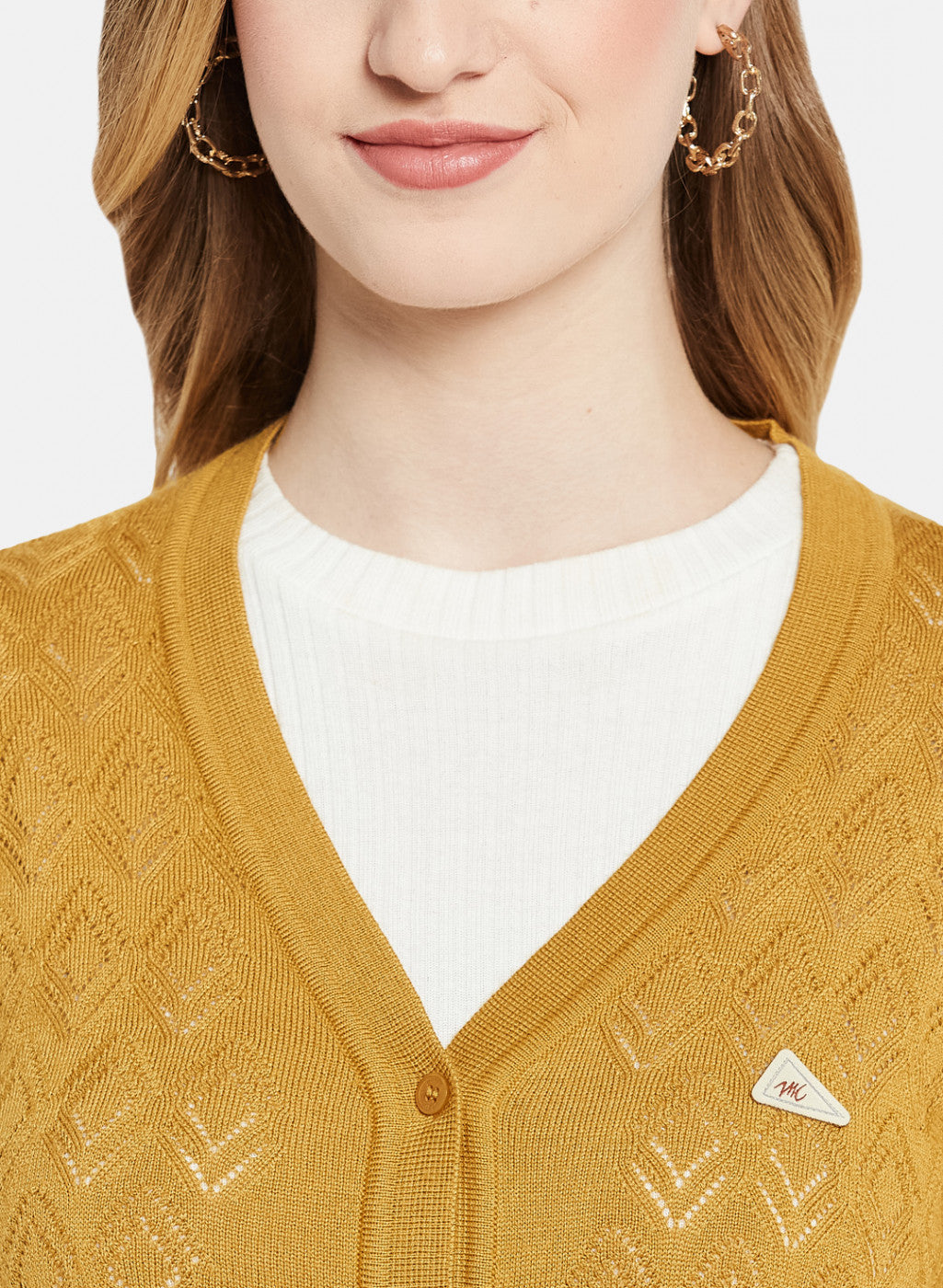 Women Golden Yellow Self Design Cardigan