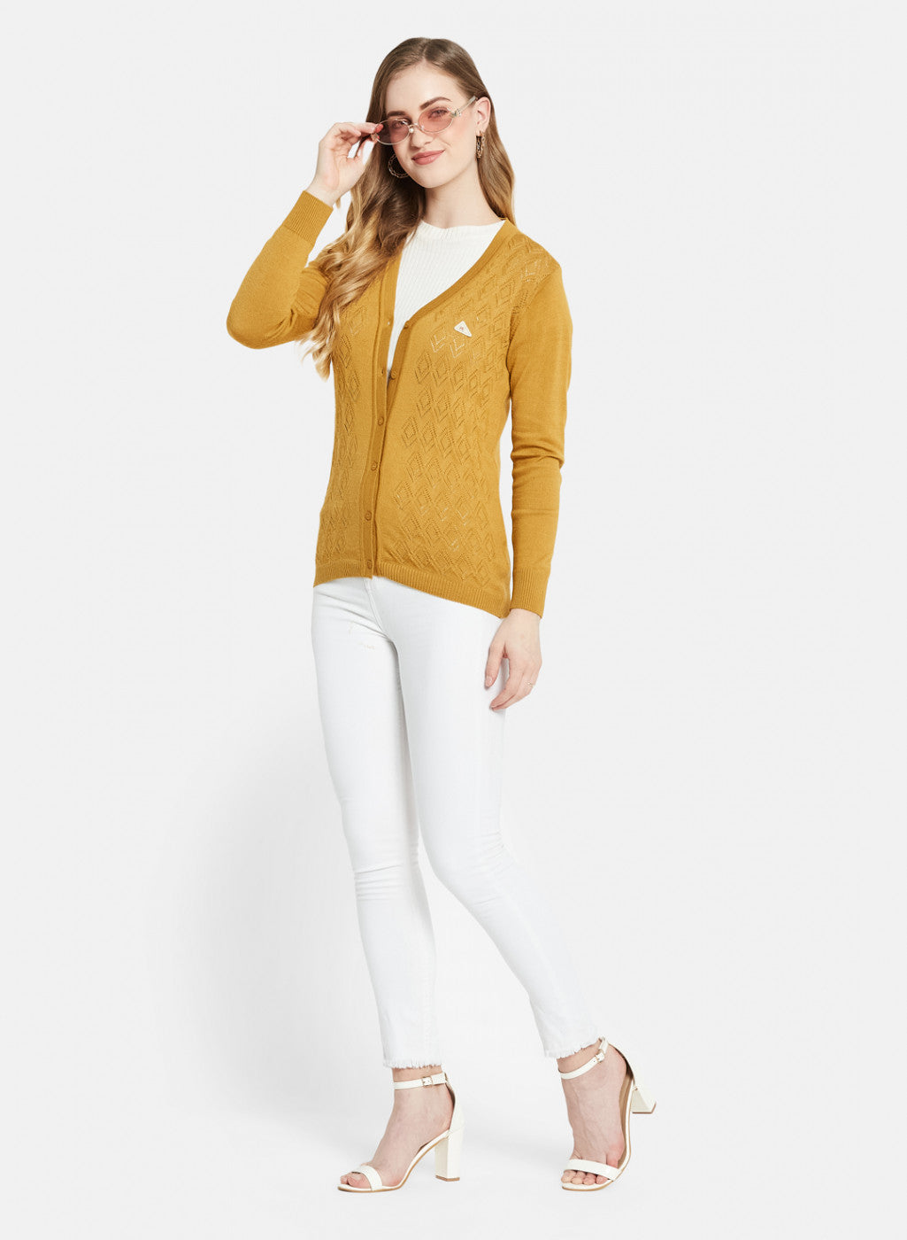 Women Golden Yellow Self Design Cardigan