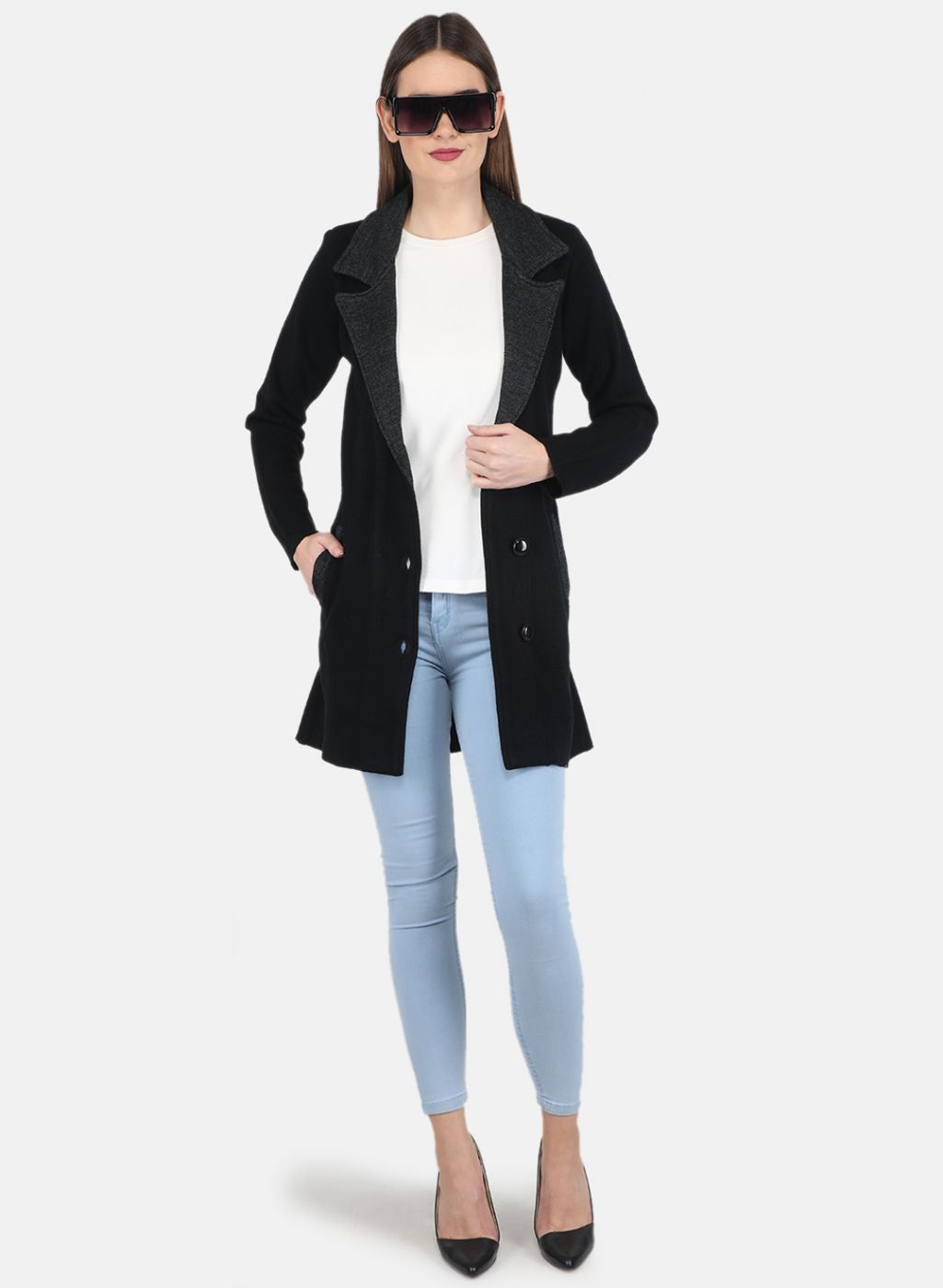 Women Black Self design Coat