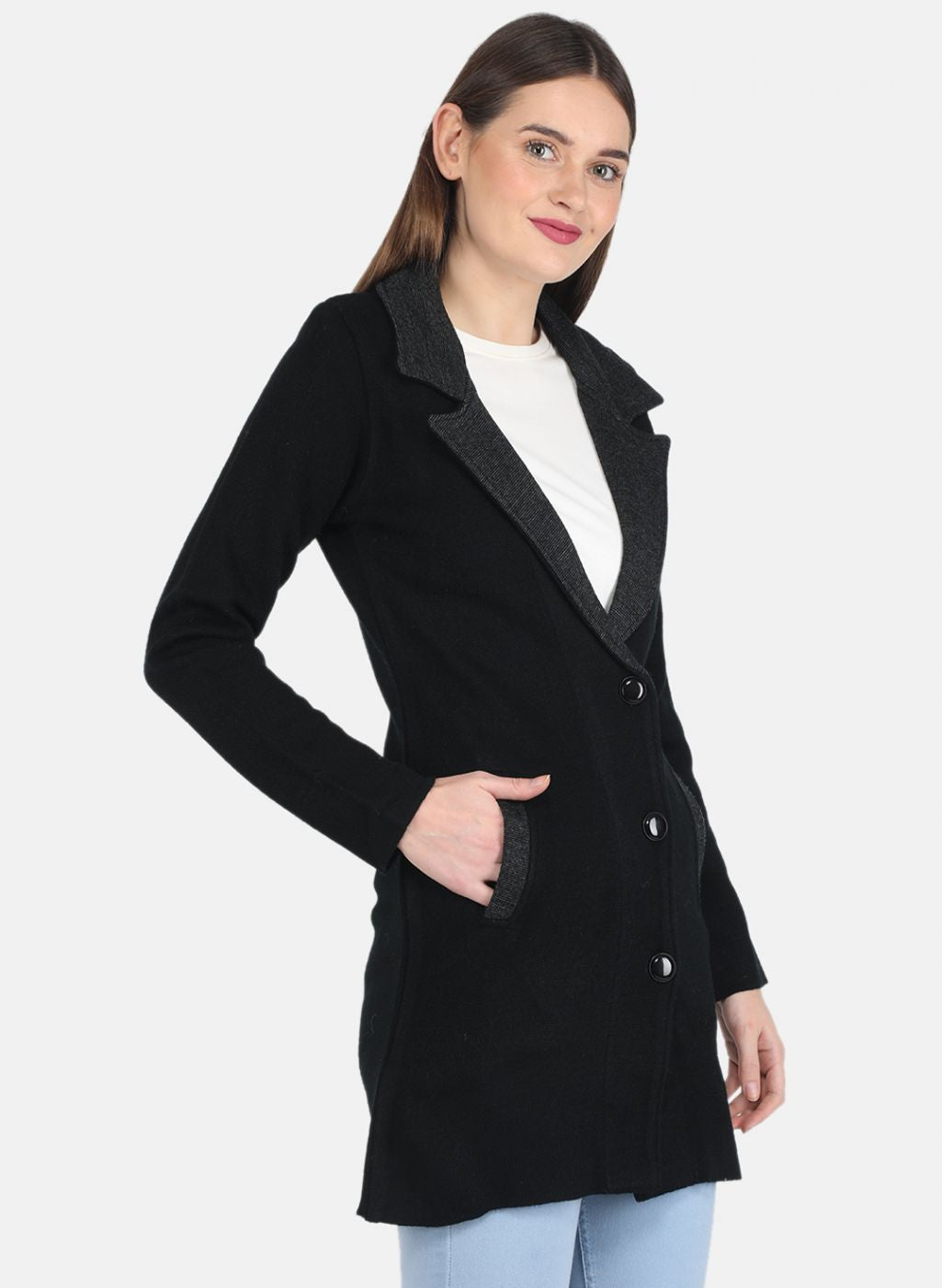 Women Black Self design Coat
