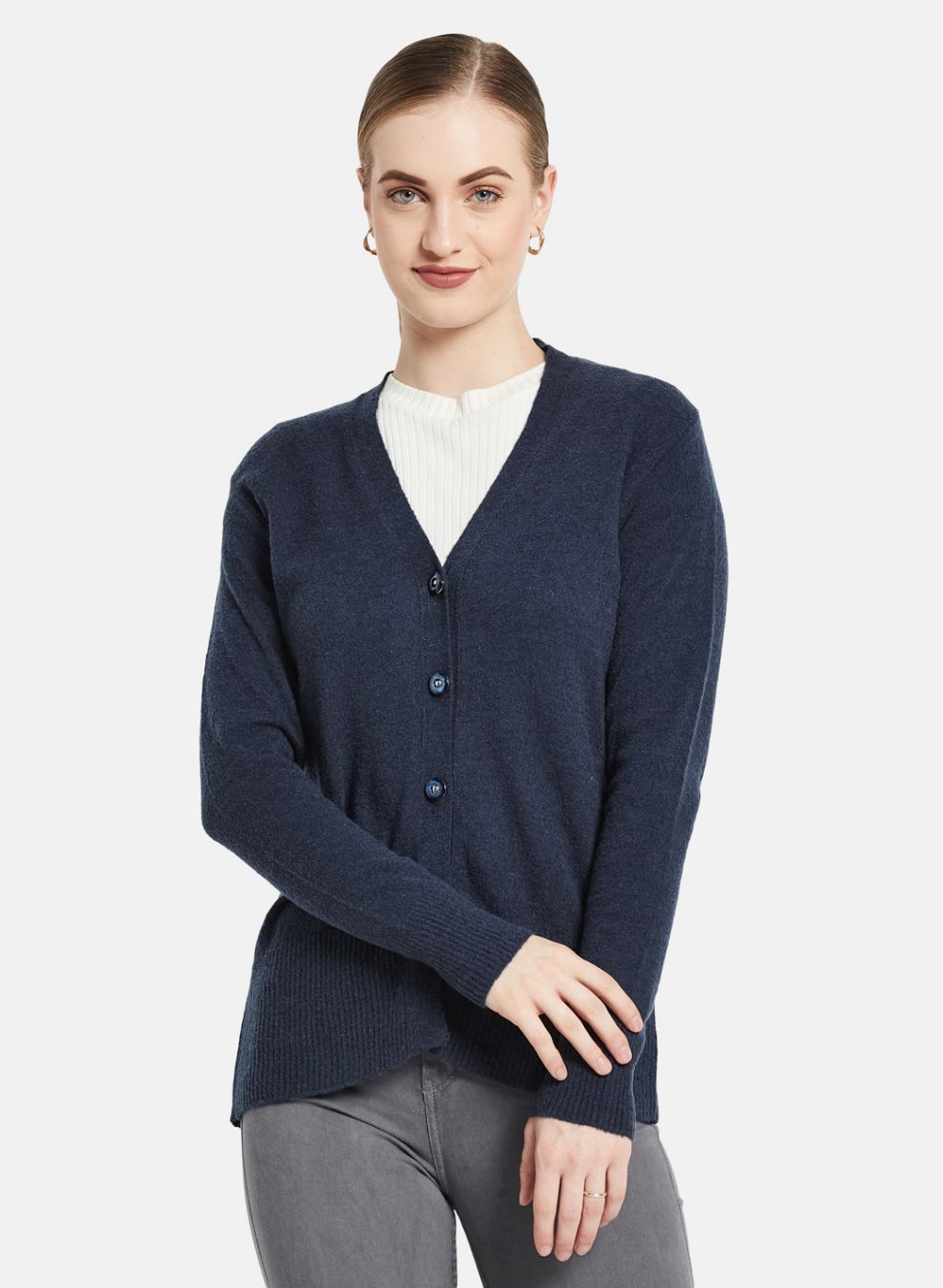 Women Navy Blue Self Design Cardigan