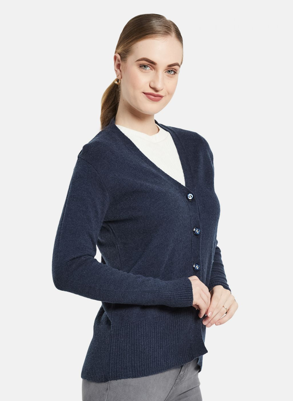 Women Navy Blue Self Design Cardigan