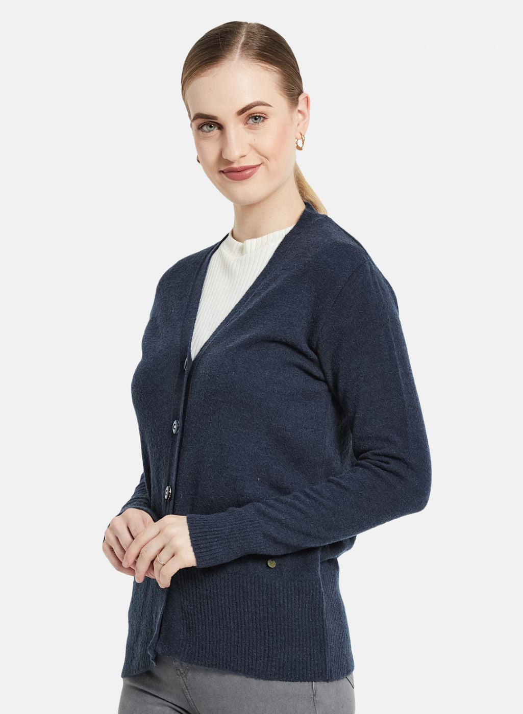 Women Navy Blue Self Design Cardigan