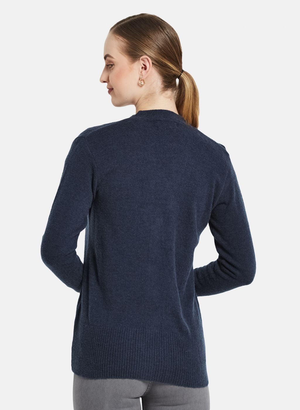 Women Navy Blue Self Design Cardigan