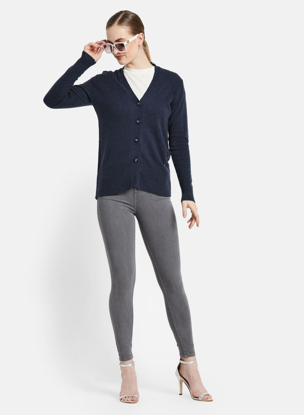 Women Navy Blue Self Design Cardigan