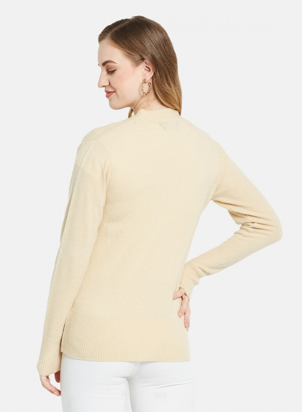 Women Cream Self Design Cardigan