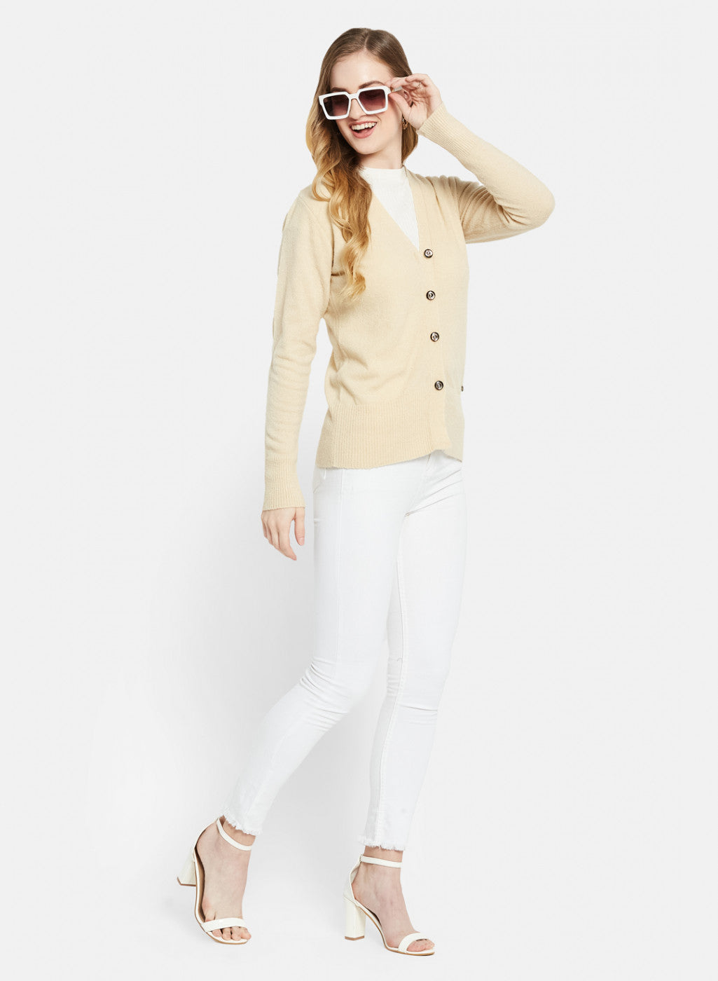 Women Cream Self Design Cardigan