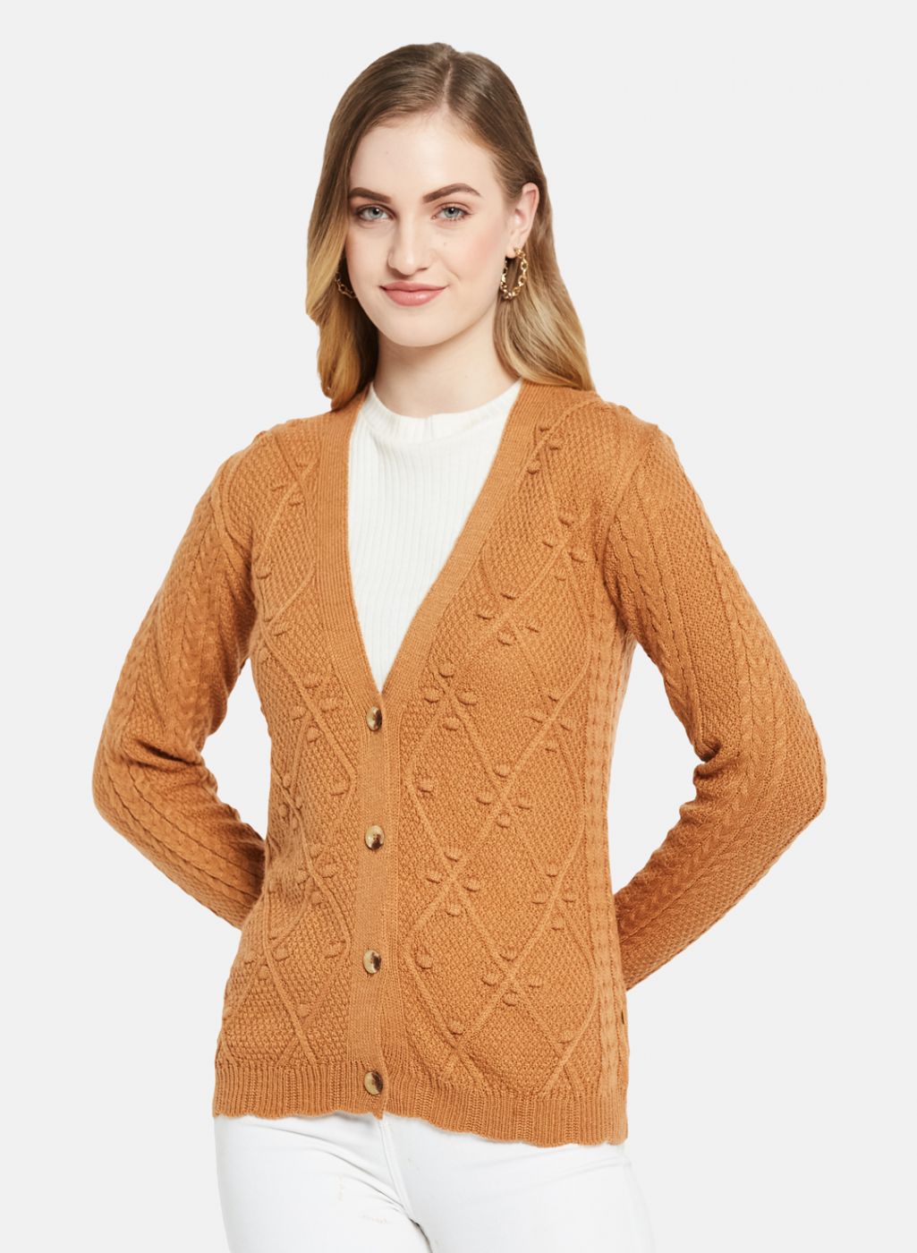 Women Orange Self Design Cardigan