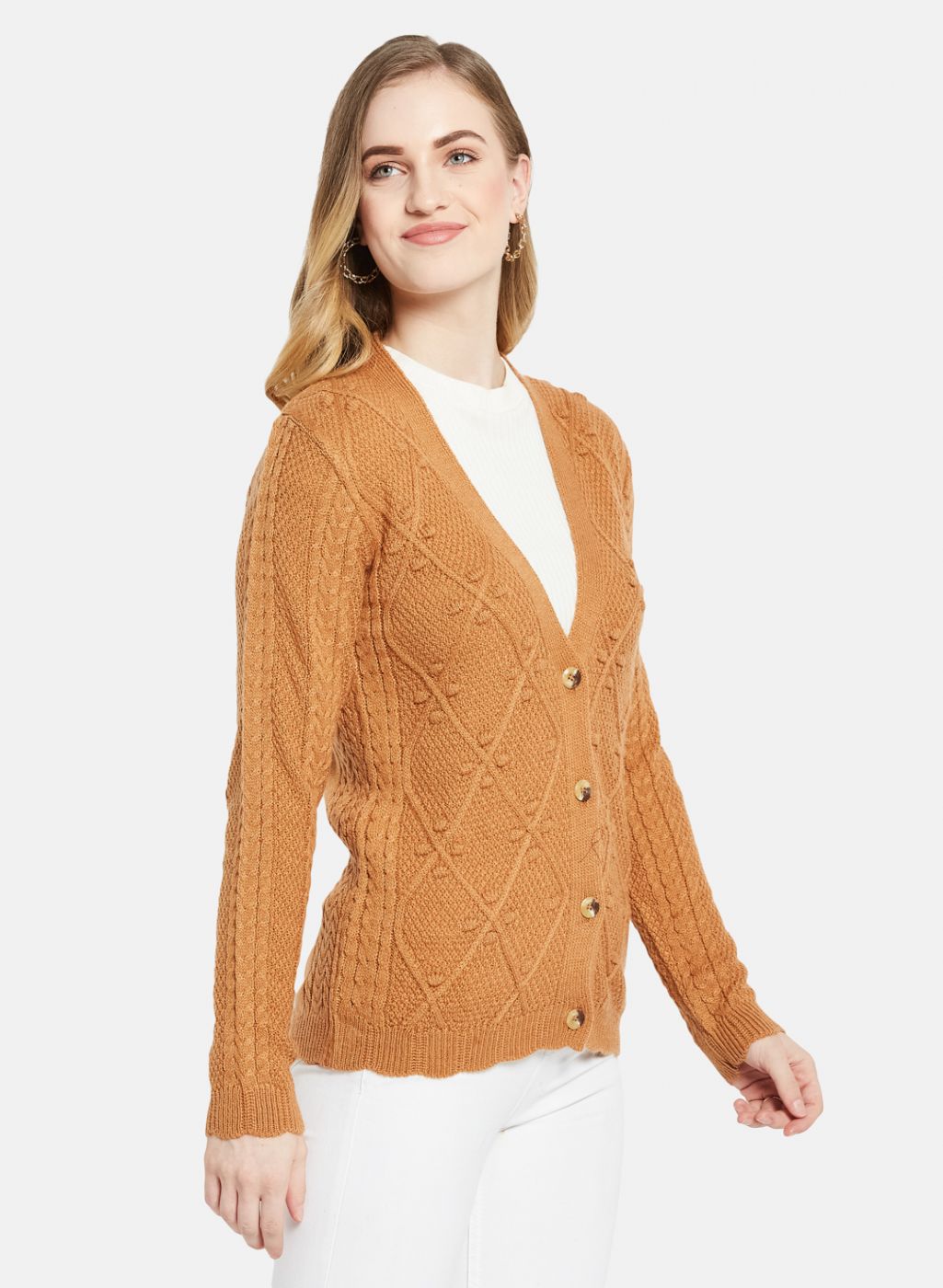 Women Orange Self Design Cardigan