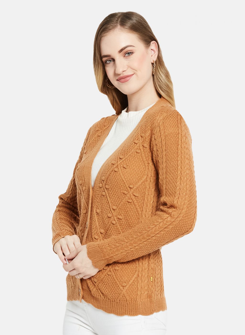 Women Orange Self Design Cardigan