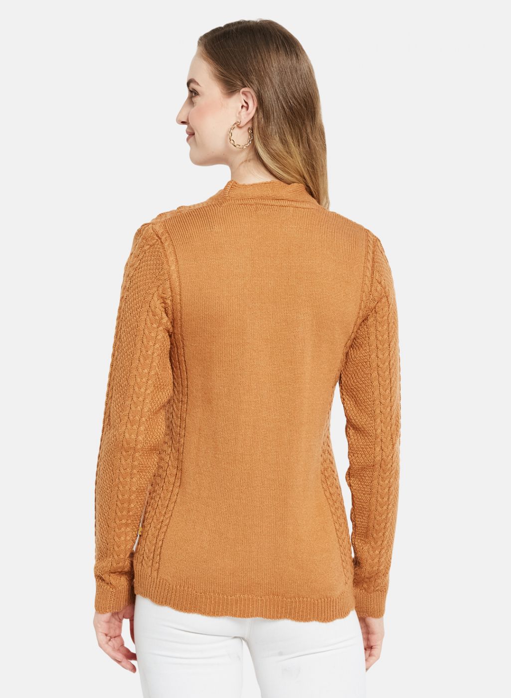 Women Orange Self Design Cardigan