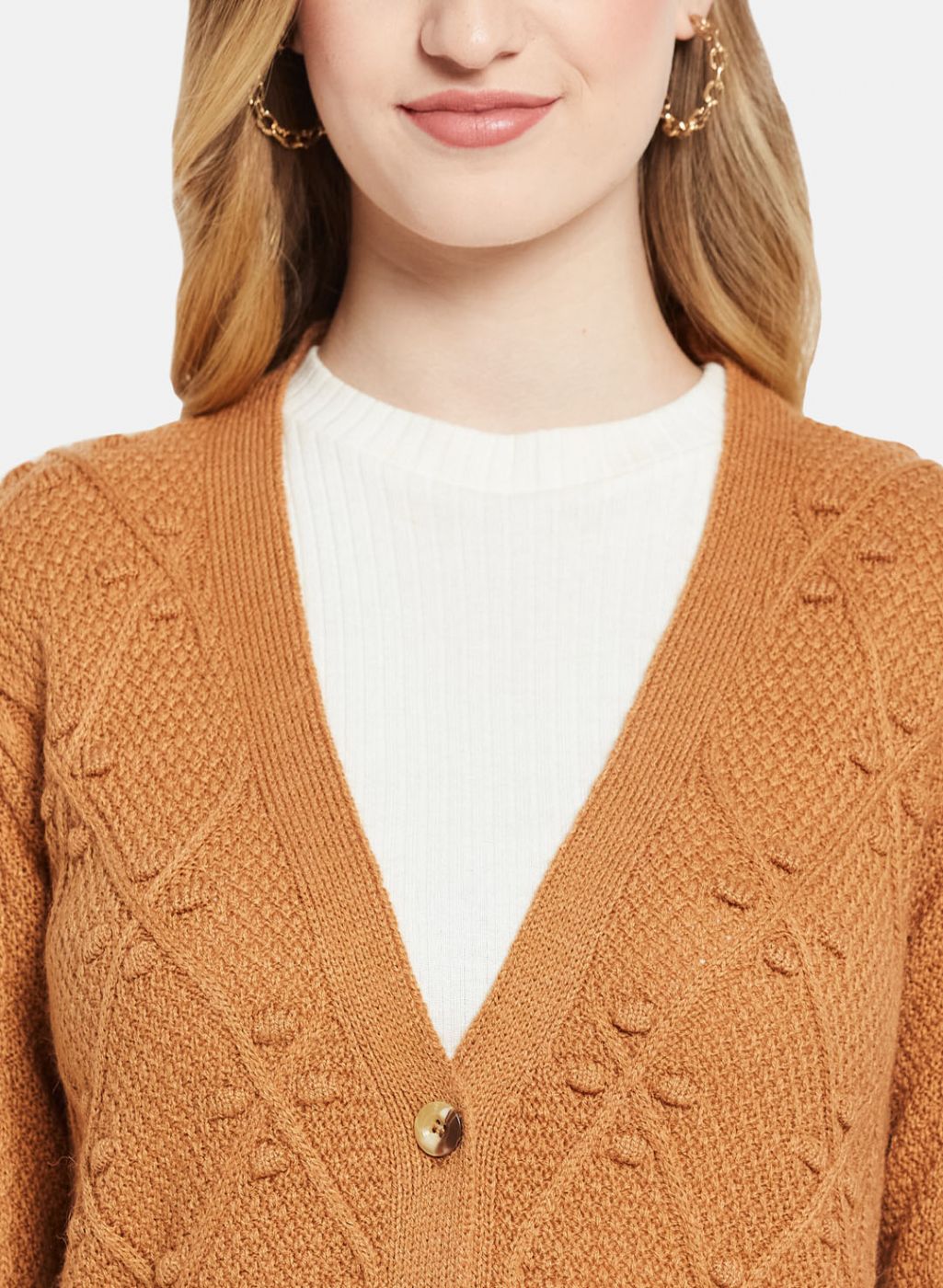 Women Orange Self Design Cardigan