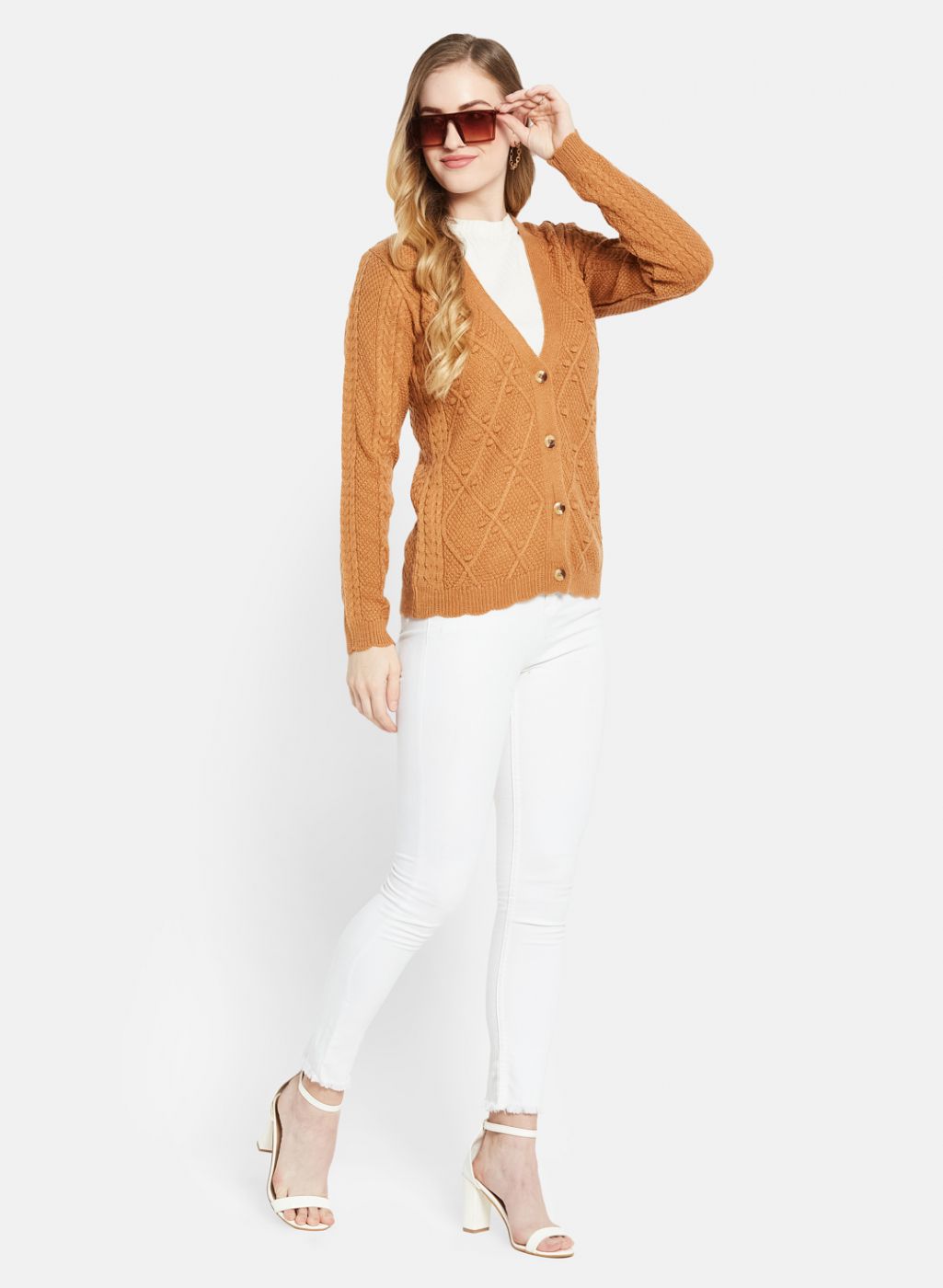 Women Orange Self Design Cardigan