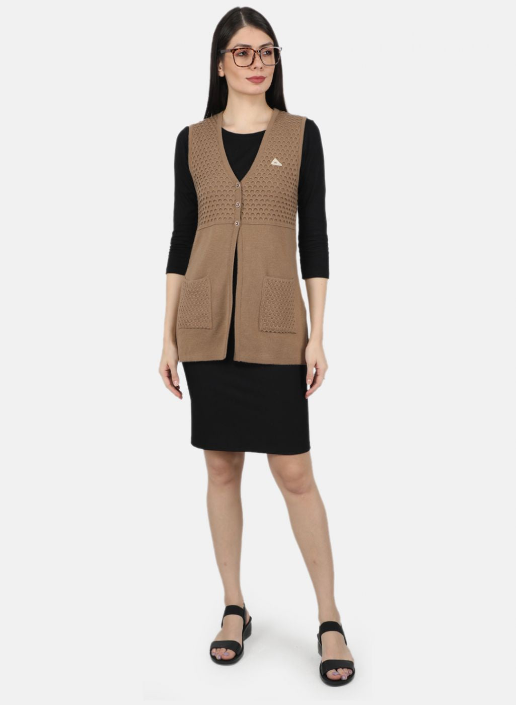 Women Brown Self Design Cardigan