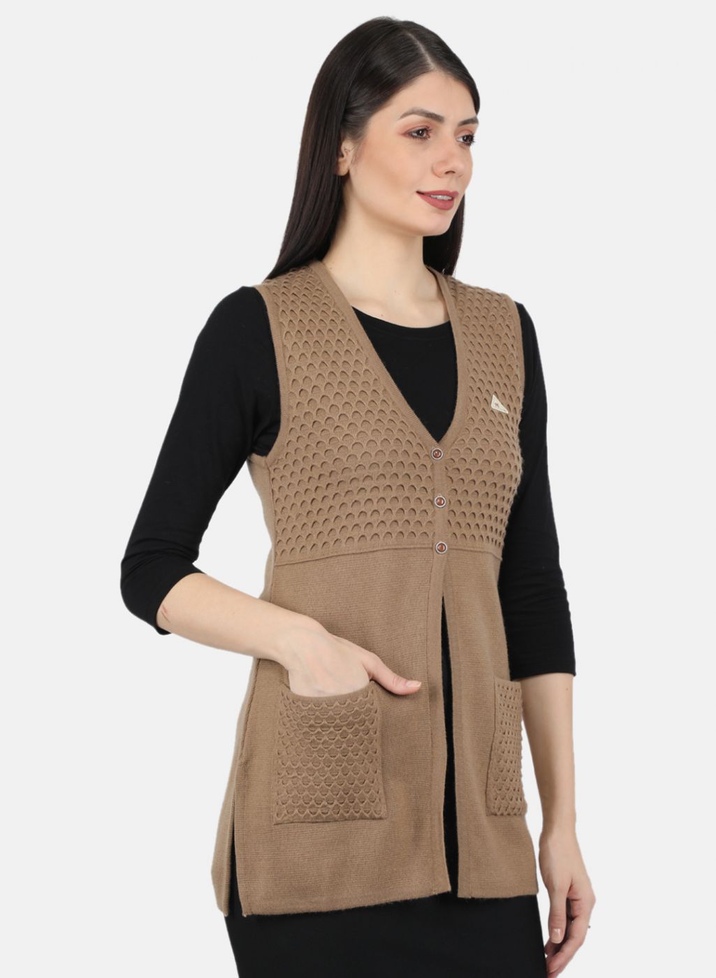 Women Brown Self Design Cardigan