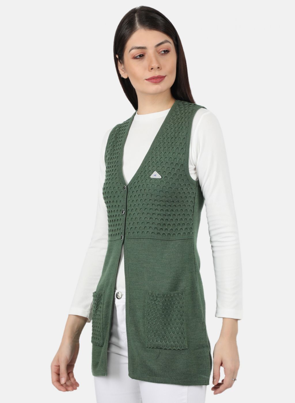 Women Green Self Design Cardigan